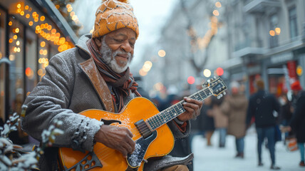 Beggarly old men play musical instruments on the street to earn money for food.  