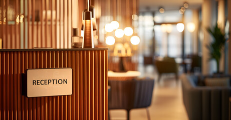 reception desk in an elegant hotel with a sign "RECEPTION" on it