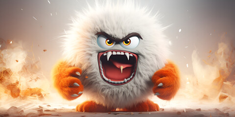 Funny shaggy furry angry monster with big eyes and mouth with big white teeth isolated on white background Children's cartoon character or cute soft toy 