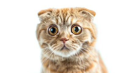 Fototapeta premium surprised cat scottish straight closeup portrait isolated on white background fluffy adorable domestic animal photography