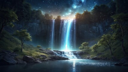 Fototapeta na wymiar Waterfall with starlight galaxy, ethereal glow, night sky, celestial beauty.