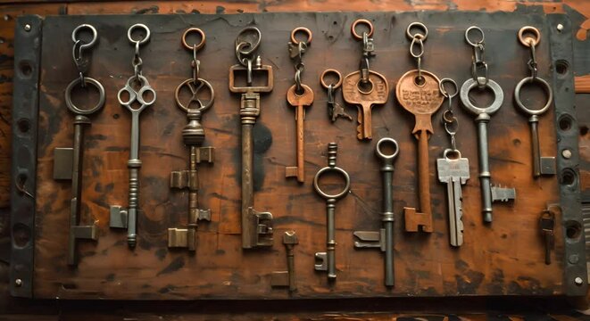 Locksmith's picks and keys on a keychain board