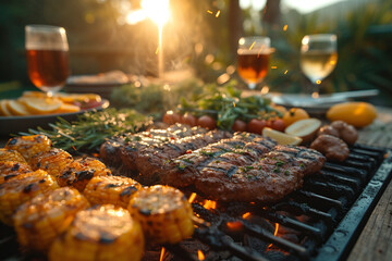 Close up of sliced roasted medium rare barbecue steak with rosemary, roasted garlic and cutlery on rustic iron grill