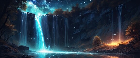 Waterfall with starlight galaxy, ethereal glow, night sky, celestial beauty. - obrazy, fototapety, plakaty