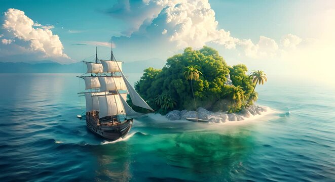 A ship navigating towards an island of wealth, representing the journey of investing.