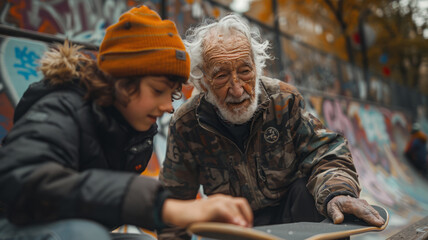 An old grandfather helps his grandson fix his skateboard.  - obrazy, fototapety, plakaty