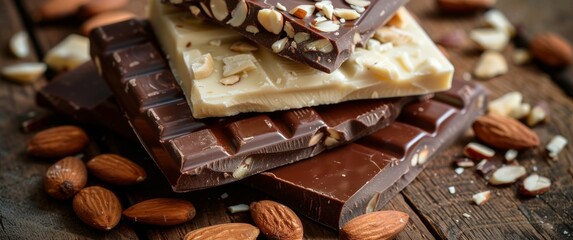 Assorted chocolate bars with almonds, hazelnuts, and pistachios, suggesting a variety of milk and dark chocolate options - obrazy, fototapety, plakaty