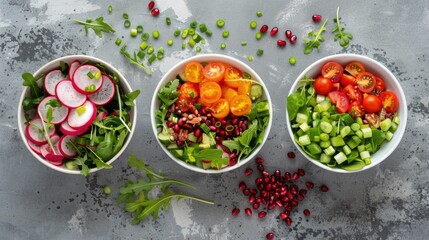 Assorted fresh vegetable salads in bowls. Top view food photography with copy space