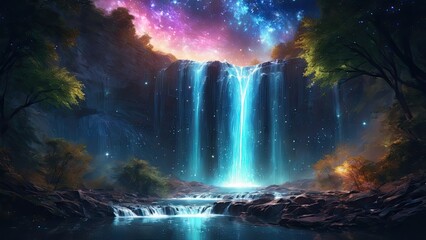 Waterfall with starlight galaxy, ethereal glow, night sky, celestial beauty. - obrazy, fototapety, plakaty