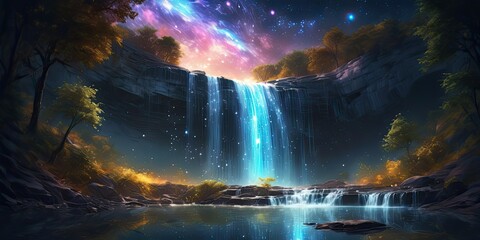 Waterfall with starlight galaxy, ethereal glow, night sky, celestial beauty.