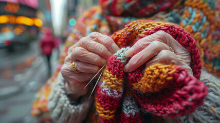 An elderly old lady knits things to sell. 