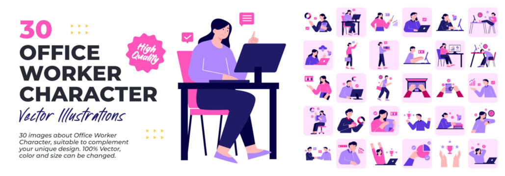 Office Worker Character. Mega Bundle. Collection scenes of office, staff, businessman, corporate, job activity. Vector Illustration