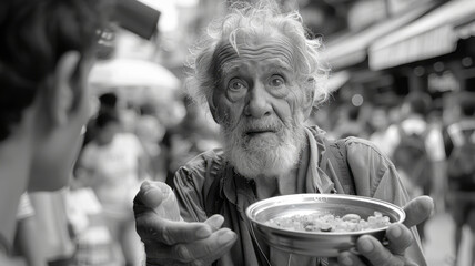 Homeless seniors asking for food and money. - obrazy, fototapety, plakaty