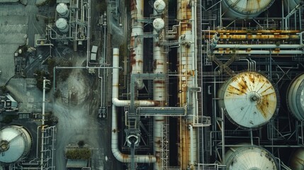 Aerial view of an industrial complex with intricate piping and storage tanks.