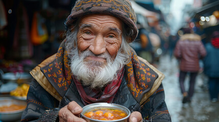 Homeless seniors asking for food and money. - obrazy, fototapety, plakaty