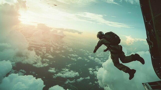 adventurous man jumping from a jet with parasuit skydiving high above with clear blue sky