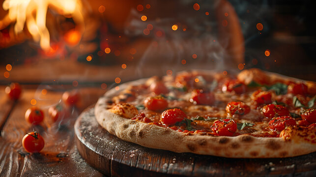 Italian pizza is cooked in a wood Swirling tomato red sauce on pizza dough. Authentic Neapolitan Pizza cooked in a wood fire oven. Generative Ai