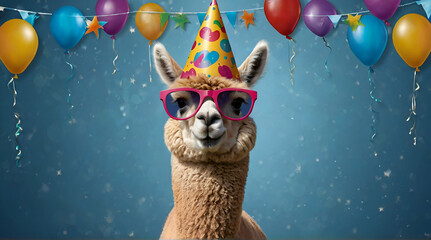 Happy Birthday, carnival, New Year's eve, sylvester or other festive celebration, funny animals card - Alpaca with party hat and sunglasses on blue background with confetti. generative.ai - obrazy, fototapety, plakaty