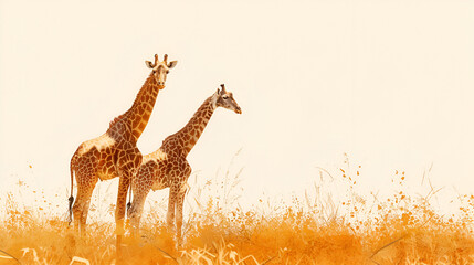 Pair of giraffes standing in the savannah A pair of giraffes crouch and stand sad in the shade of trees during a drought in the African savannah. Family of giraffes, Generative Ai