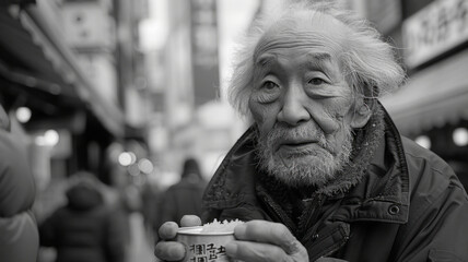 Homeless seniors asking for food and money.