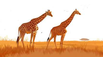 Pair of giraffes standing in the savannah A pair of giraffes crouch and stand sad in the shade of trees during a drought in the African savannah. Family of giraffes, Generative Ai