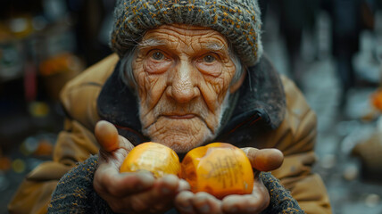 Homeless seniors asking for food and money.  - obrazy, fototapety, plakaty