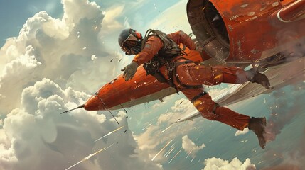 man skydiving with parasuit jumping from jet in action packed profile shot against blue sky