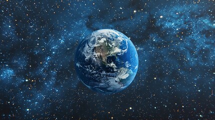 planet earth photo from space with galaxy and universe view, blue planet and atmosphere in orbit, stars in night sky