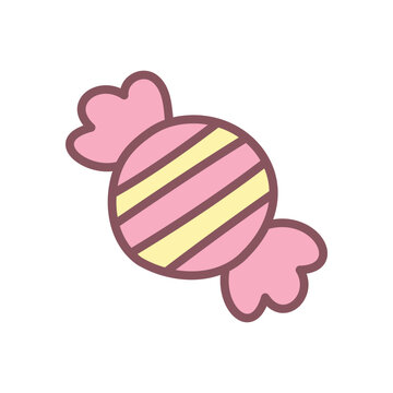 Cute candy icon. Hand drawn illustration of a classic candy in a striped wrapper isolated on a white background. Kawaii sticker. Vector 10 EPS.