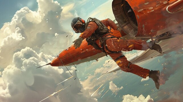 man skydiving with parasuit jumping from jet in action packed profile shot against blue sky