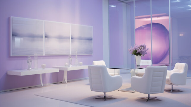 A stylish meeting area in striking lavender hues, accentuating an empty white frame amidst clean lines and contemporary furnishings.