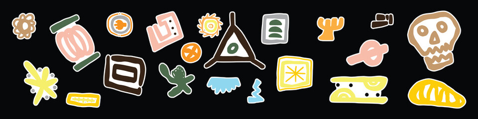 Big set sticker  etnic of Hand drawn various colorful shapes and doodle objects. Abstract contemporary modern trendy vector illustration. All elements are isolated