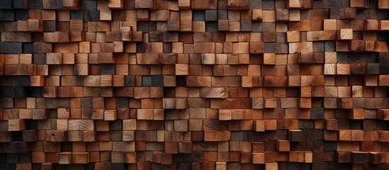 A detailed shot of a brown hardwood wall constructed with wooden squares resembling brickwork. The intricate pattern showcases the beauty of wood as a building material
