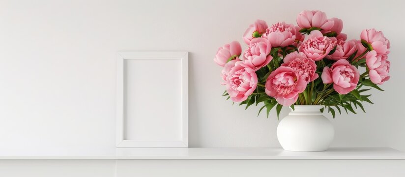 Floral decorations for the home, including a white shelf display with a front-facing empty photo frame mock-up and a vase of lovely pink peonies on a white backdrop.