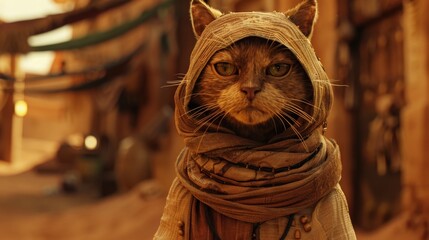 a human like cat dressed in desert clothes with a dessert in the background