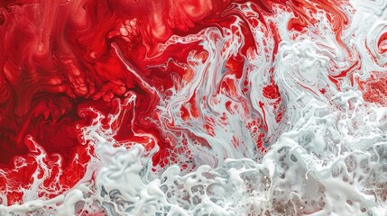 Dynamic red and white liquid splash on a vibrant red background.