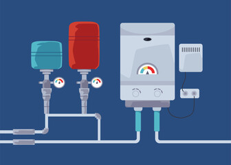 Heating system with white boiler, pump, expansion tank and pipes vector illustration, house electric heating aqua equipment