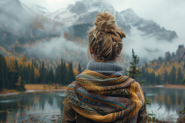 A young American woman stands with a blanket on her shoulders in front of a mountain lake wallpaper copy space - Powered by Adobe