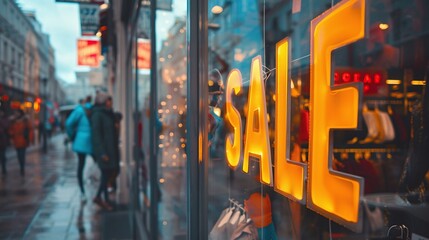 shop window sale sign with people in street view highlighting clearance deals and promotional offers in a bustling retail environment