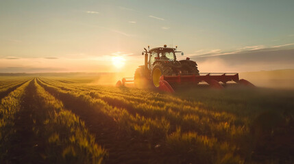 Fototapeta premium Traktor auf einem Feld bei Sonnenuntergang Arbeiter Bauer der Landwirtschaft Beruf der Zukunft Generative AI