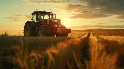 Fototapeta premium Traktor auf einem Feld bei Sonnenuntergang Arbeiter Bauer der Landwirtschaft Beruf der Zukunft Generative AI