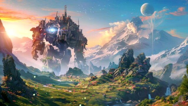Beyond Imagination: Immersive Views of Mountains and Enigmatic Robotic Guardians. Seamless looping time-lapse virtual 4k video animation background