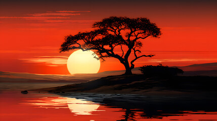 beautiful views at sunset, lake or beach with silhouettes of trees at sunset
