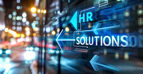 blue arrow pointing to the word "HR SOLUTIONS". Blue direction signs, symbolizing growth or progress in business.