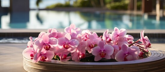 A flower vase filled with pink orchids sits beside the pool, adding a touch of elegance and beauty...