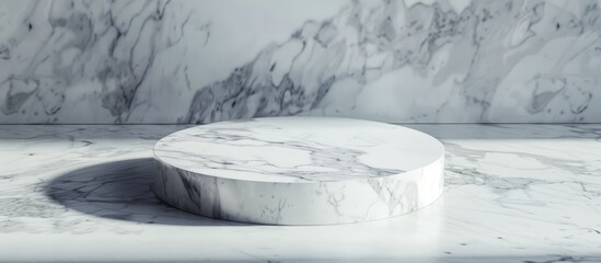 Product stand made of white marble, with a marbled floor background, perfect for showcasing your packaging or mockup design.