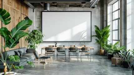 Modern office interior with empty white frame, green plants, and concrete walls