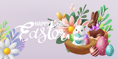Fototapeta na wymiar Easter poster and banner template with Easter eggs in the nest on background.Greetings and presents for Easter Day in flat lay styling.Promotion and shopping template for banner, cover. Spring Easter
