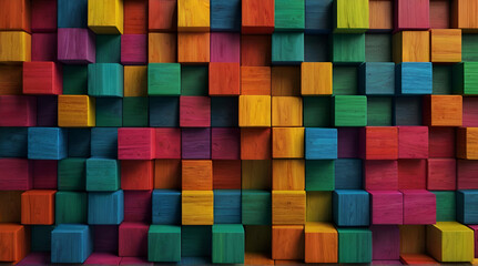Abstract geometric rainbow colors colored 3d wooden square cubes texture wall background banner illustration panorama long, textured wood wallpaper. generative.ai