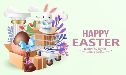 Easter poster and banner template with Easter eggs in the nest on background.Greetings and presents for Easter Day in flat lay styling.Promotion and shopping template for banner, web Spring Easter